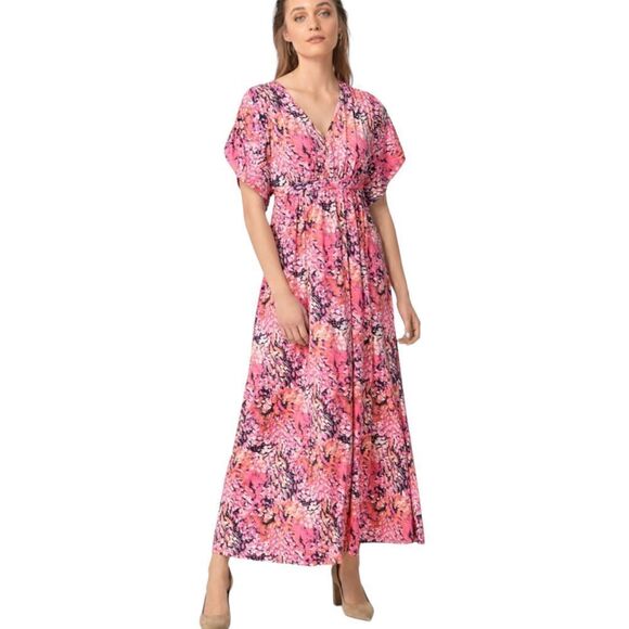 Ellos V-Neck Maxi Pink/Black Print Dress Size 1X - Picture 1 of 8